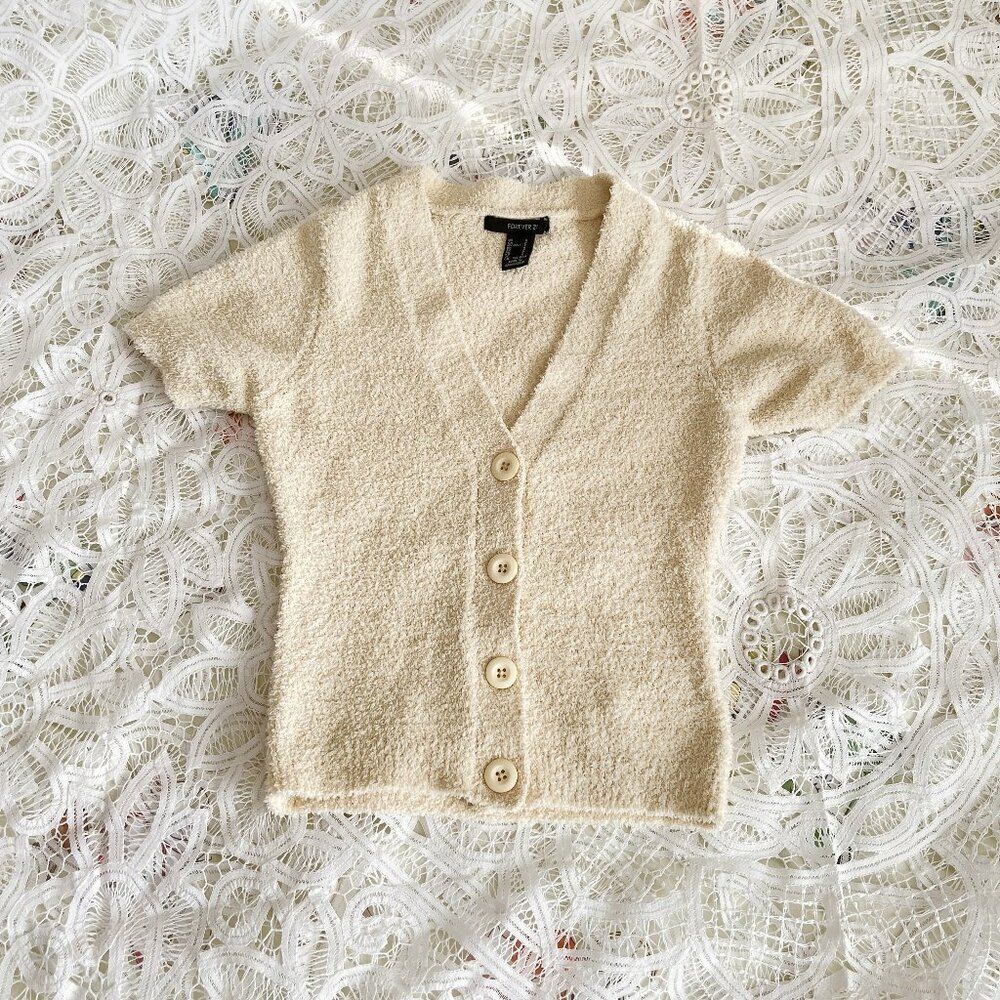 Forever 21 Fleece Sherpa Button-Up Cardigan Cream - S